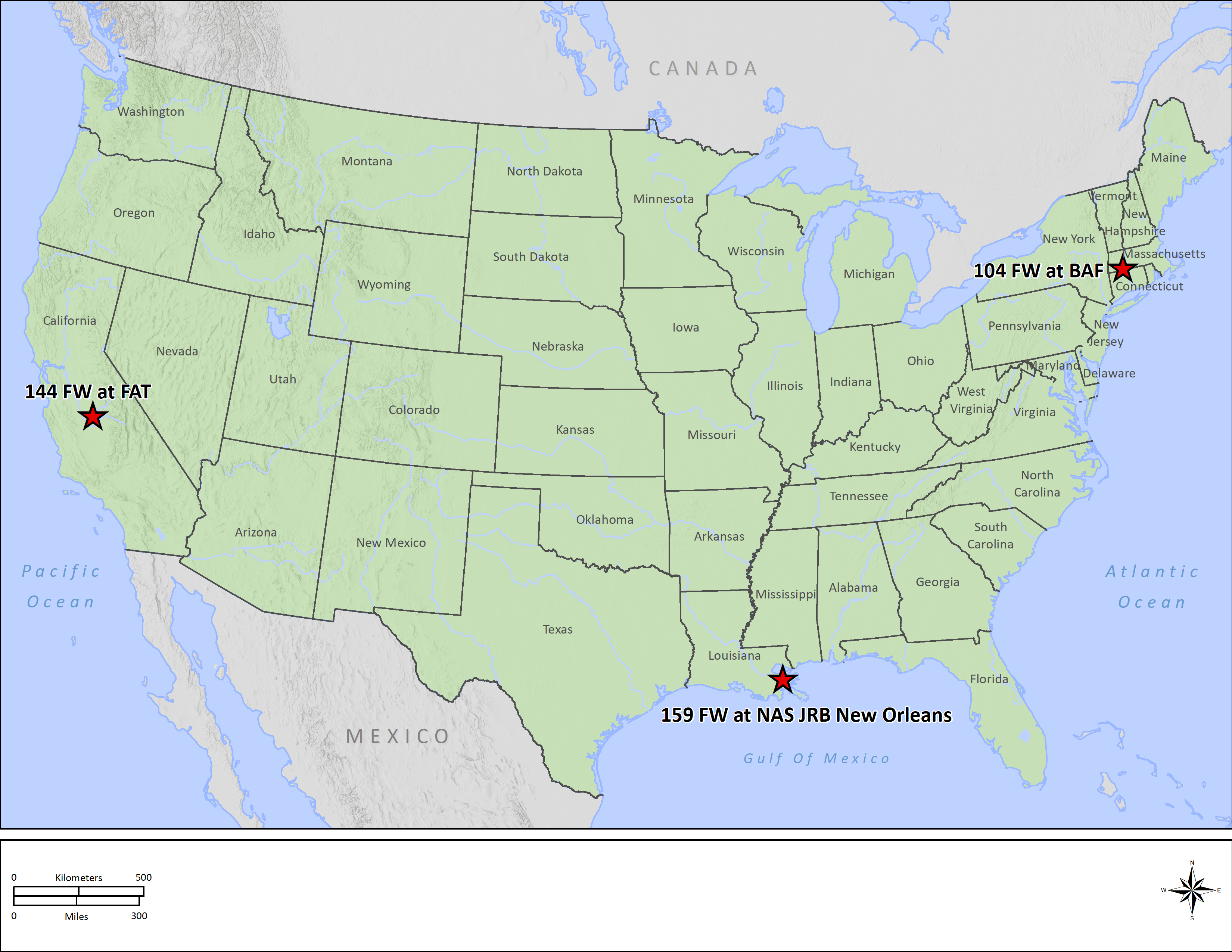 Map of the United States showing locations of the 104th Fighter Wing in Westfield, Massachusetts; 159th Fighter Wing in Belle Chasse, Louisiana; and 144th Fighter Wing in Fresno, California.